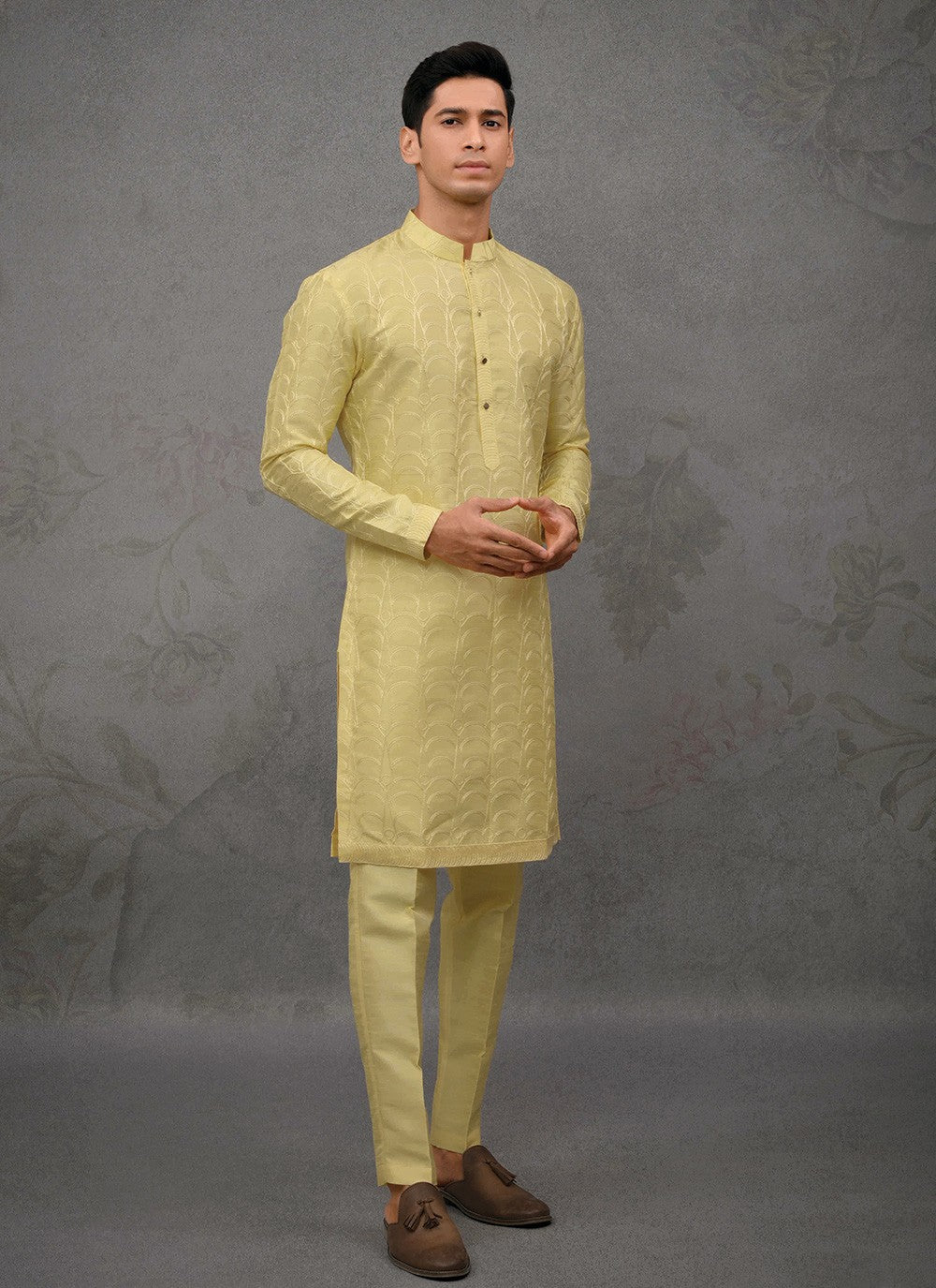 Embroidered Silk Yellow Kurta Pyjama - M8398