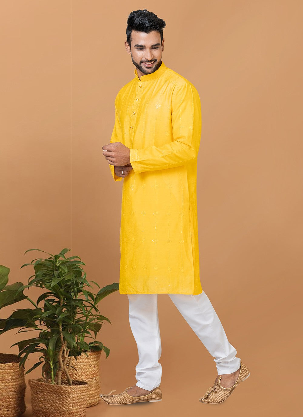 Embroidered Cotton , Viscose Yellow Kurta Pyjama - M6270