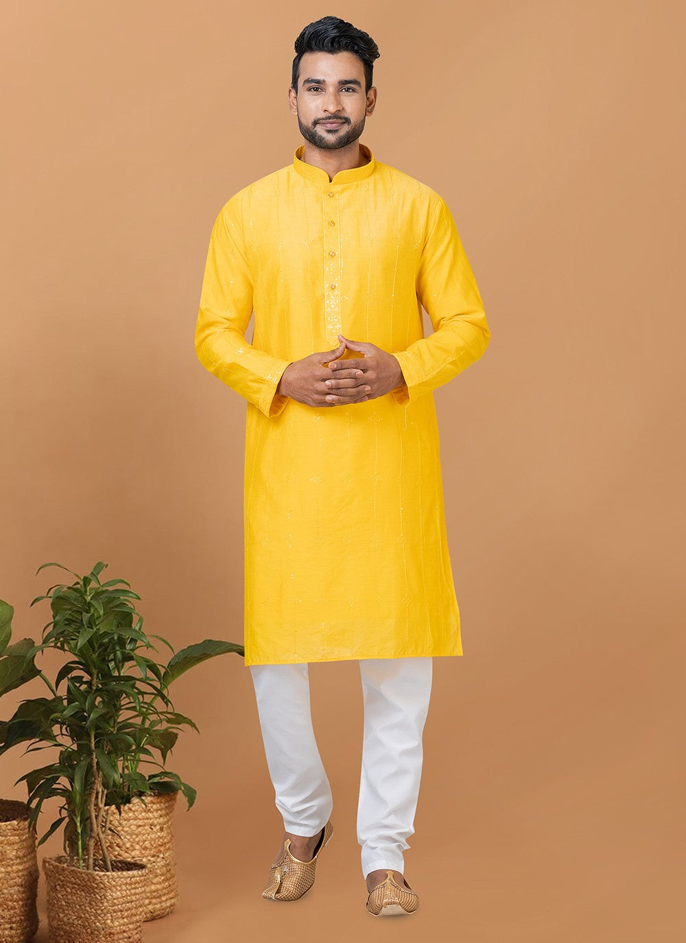 Embroidered Cotton , Viscose Yellow Kurta Pyjama - M6270