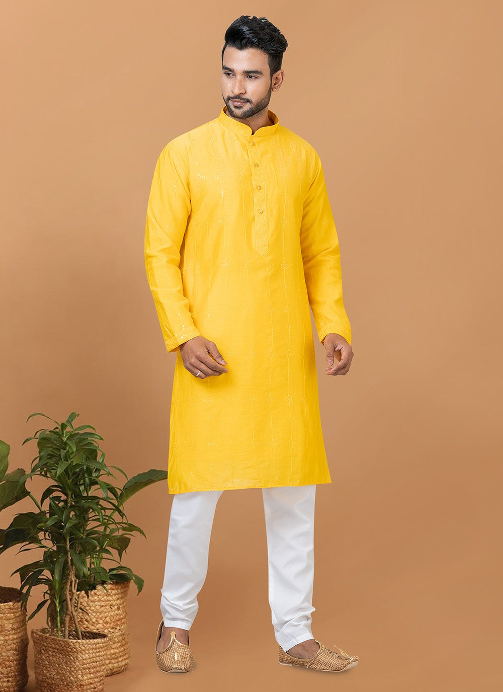 Embroidered Cotton , Viscose Yellow Kurta Pyjama - M6270