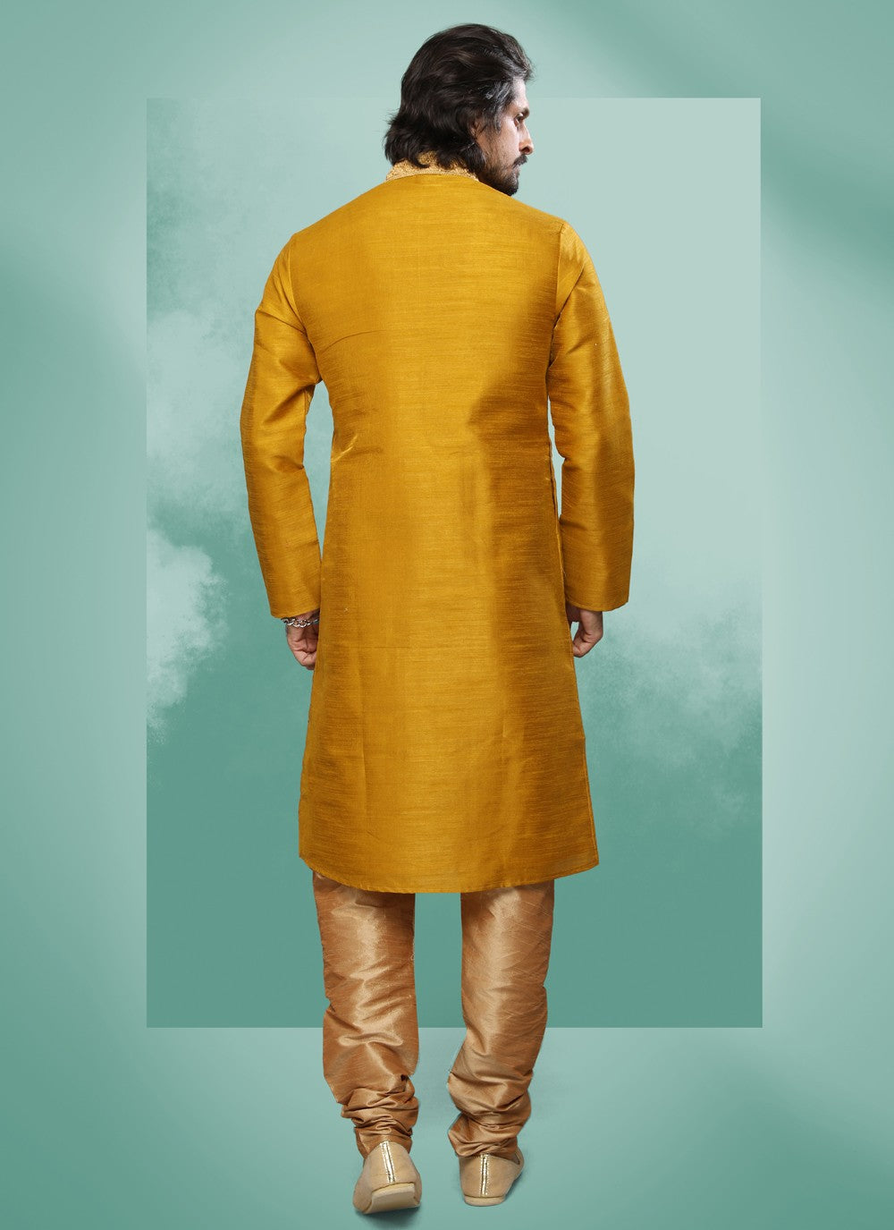 Embroidered Art Silk Yellow Kurta Pyjama - M4376