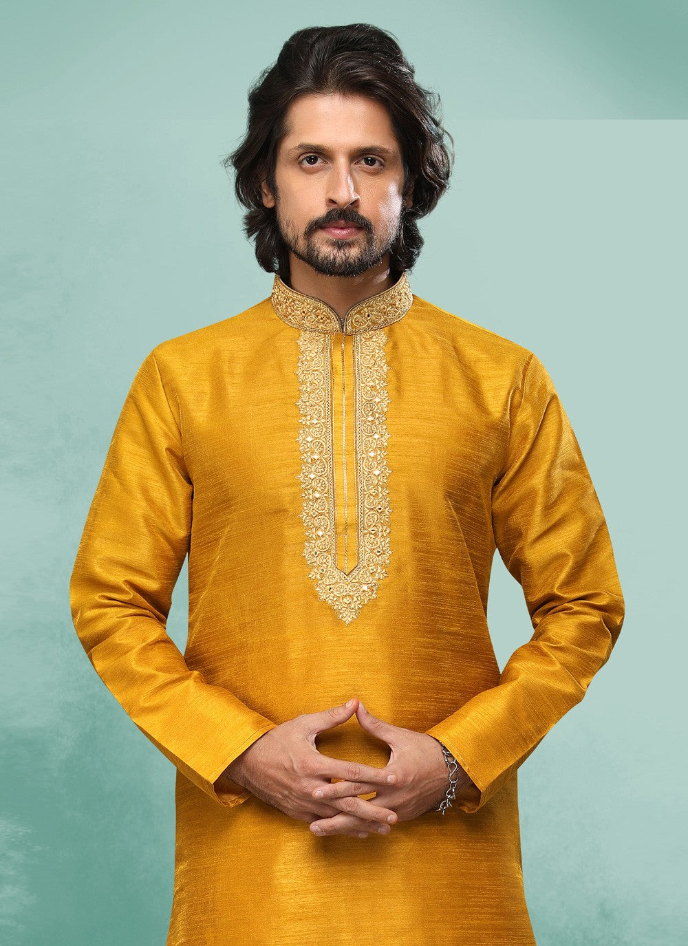 Embroidered Art Silk Yellow Kurta Pyjama - M4376