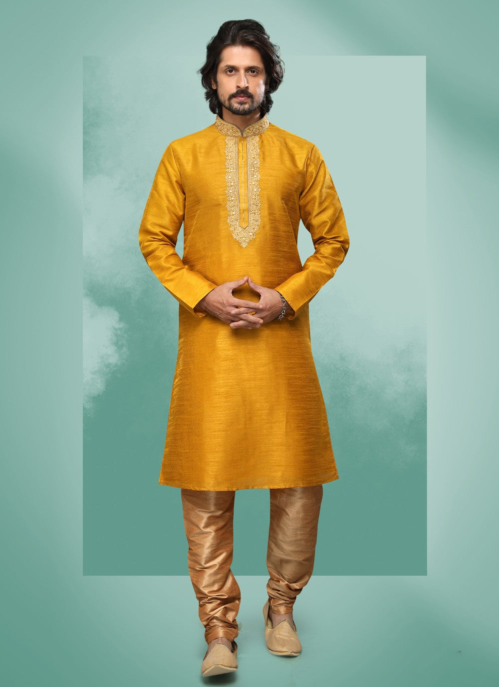 Embroidered Art Silk Yellow Kurta Pyjama - M4376