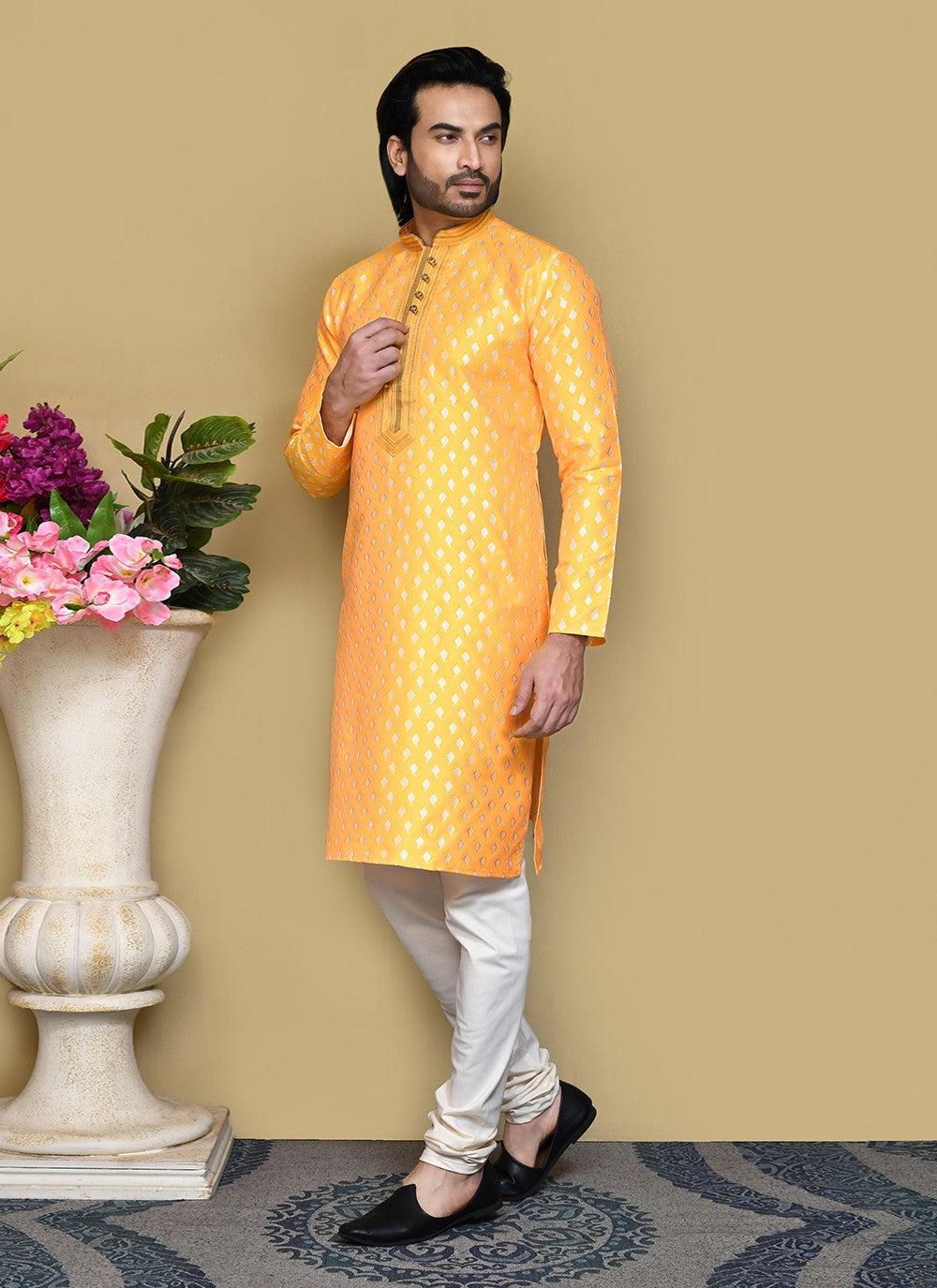 Resham Art Silk Yellow Kurta Pyjama - M7829