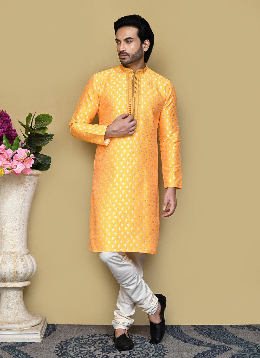 Resham Art Silk Yellow Kurta Pyjama - M7829