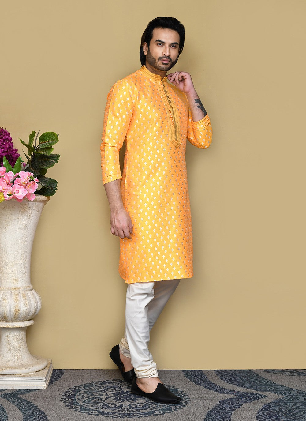 Resham Art Silk Yellow Kurta Pyjama - M7829