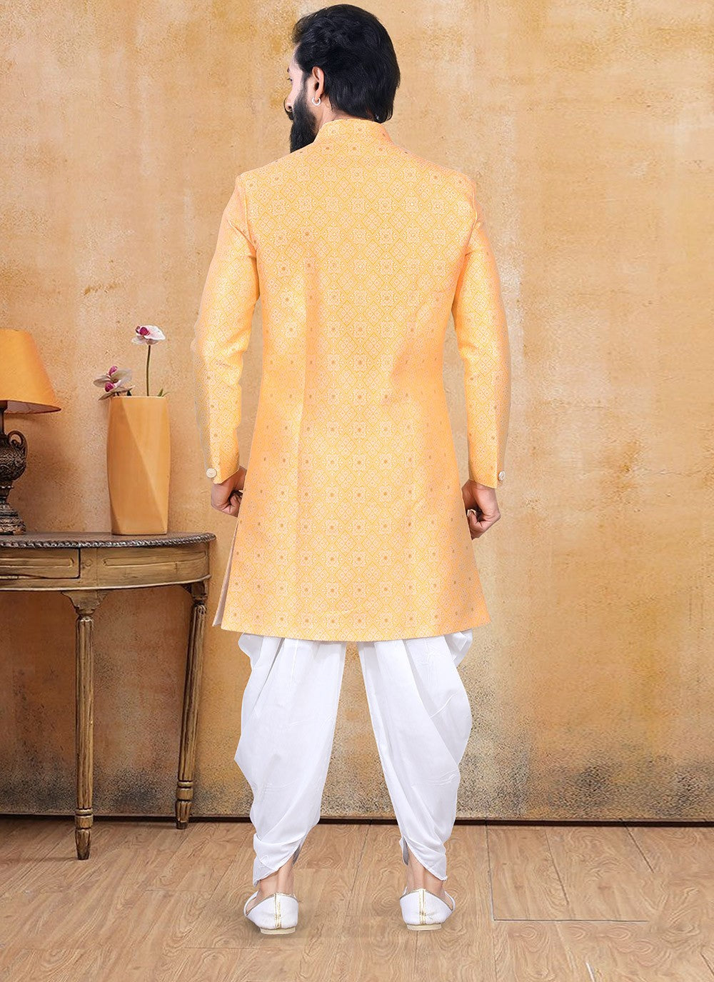 Fancy Work Jacquard Yellow Dhoti Kurta - M3350