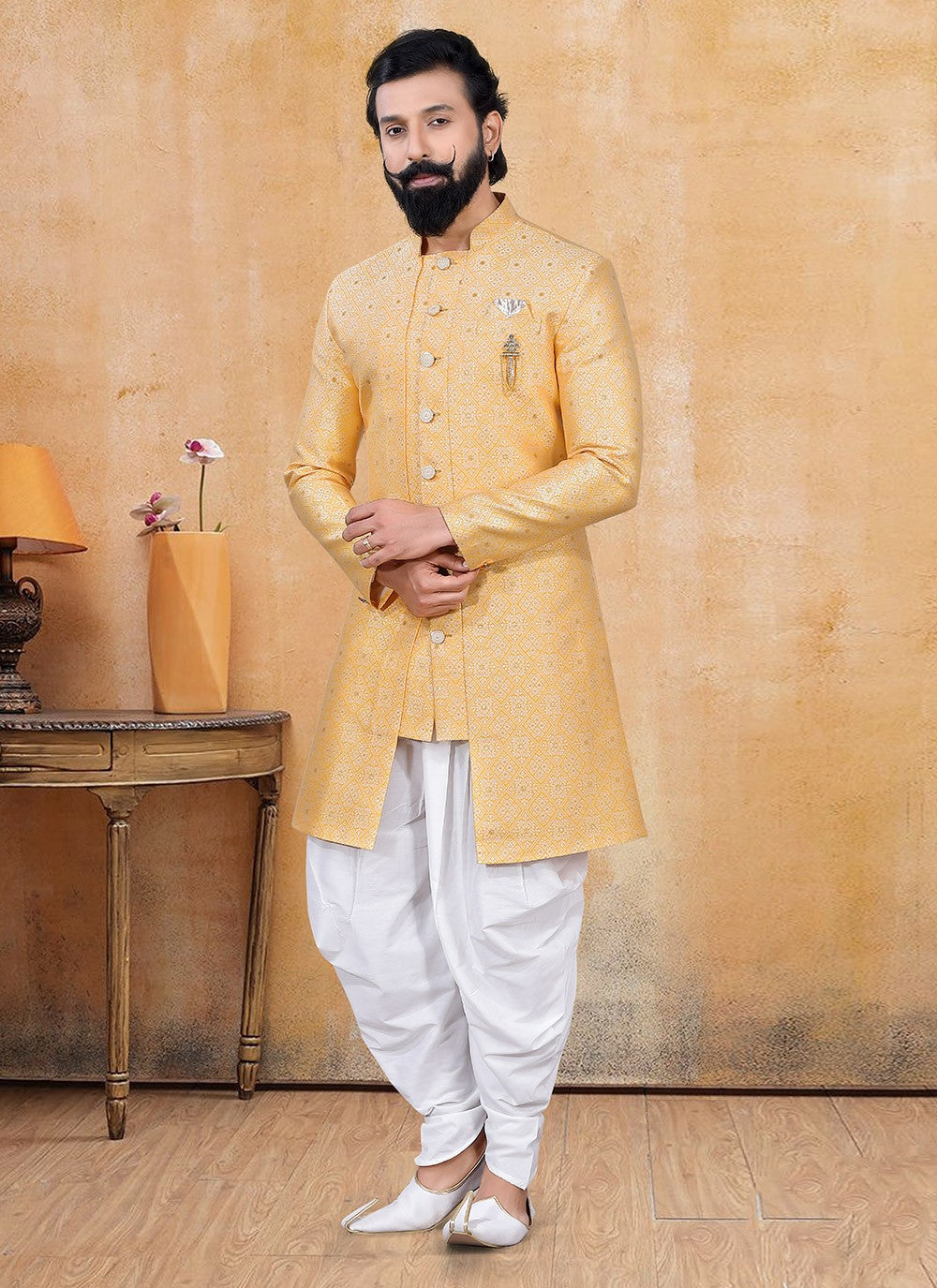 Fancy Work Jacquard Yellow Dhoti Kurta - M3350