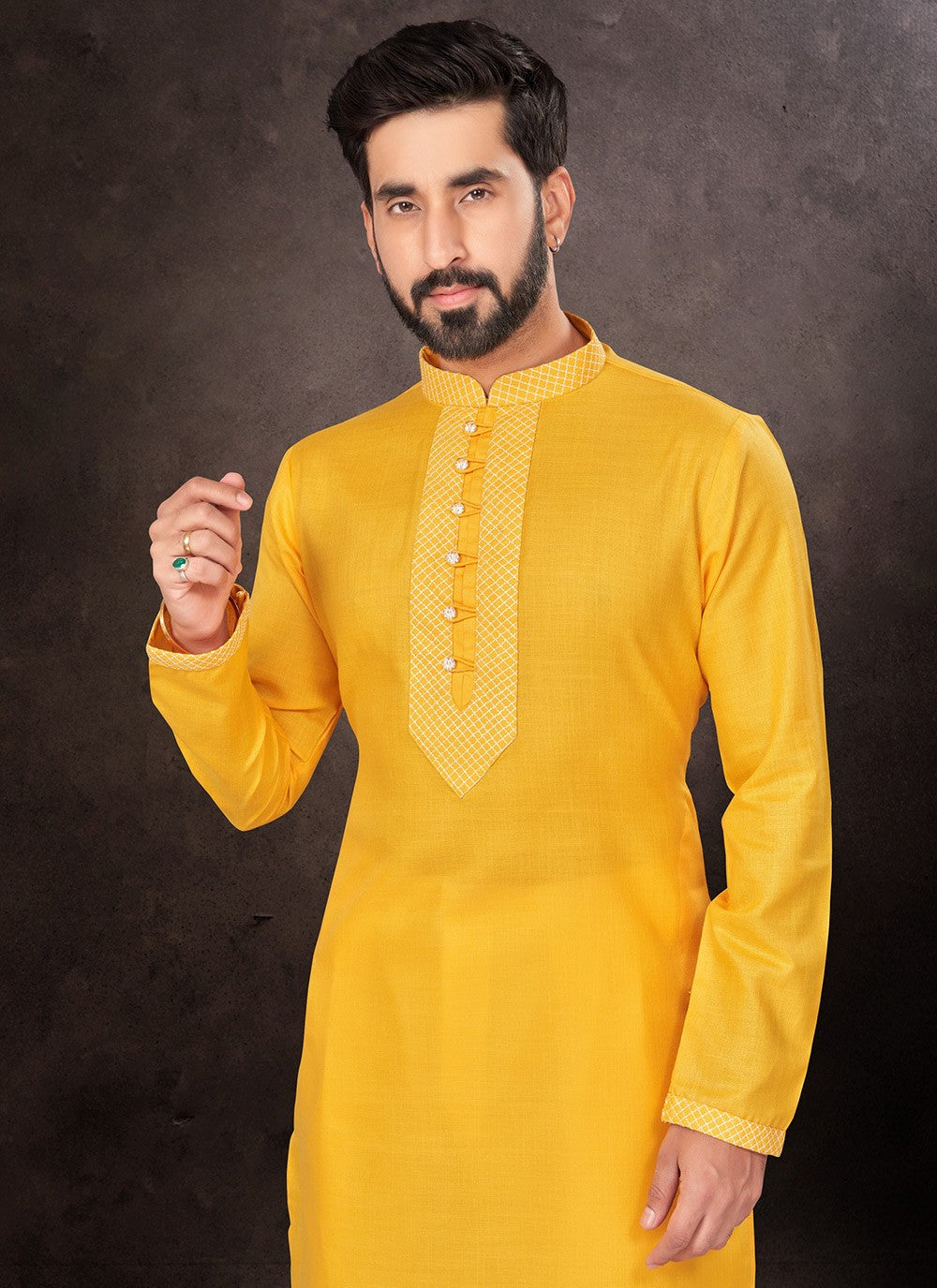 Fancy Work Cotton Yellow Kurta Pyjama - M7217