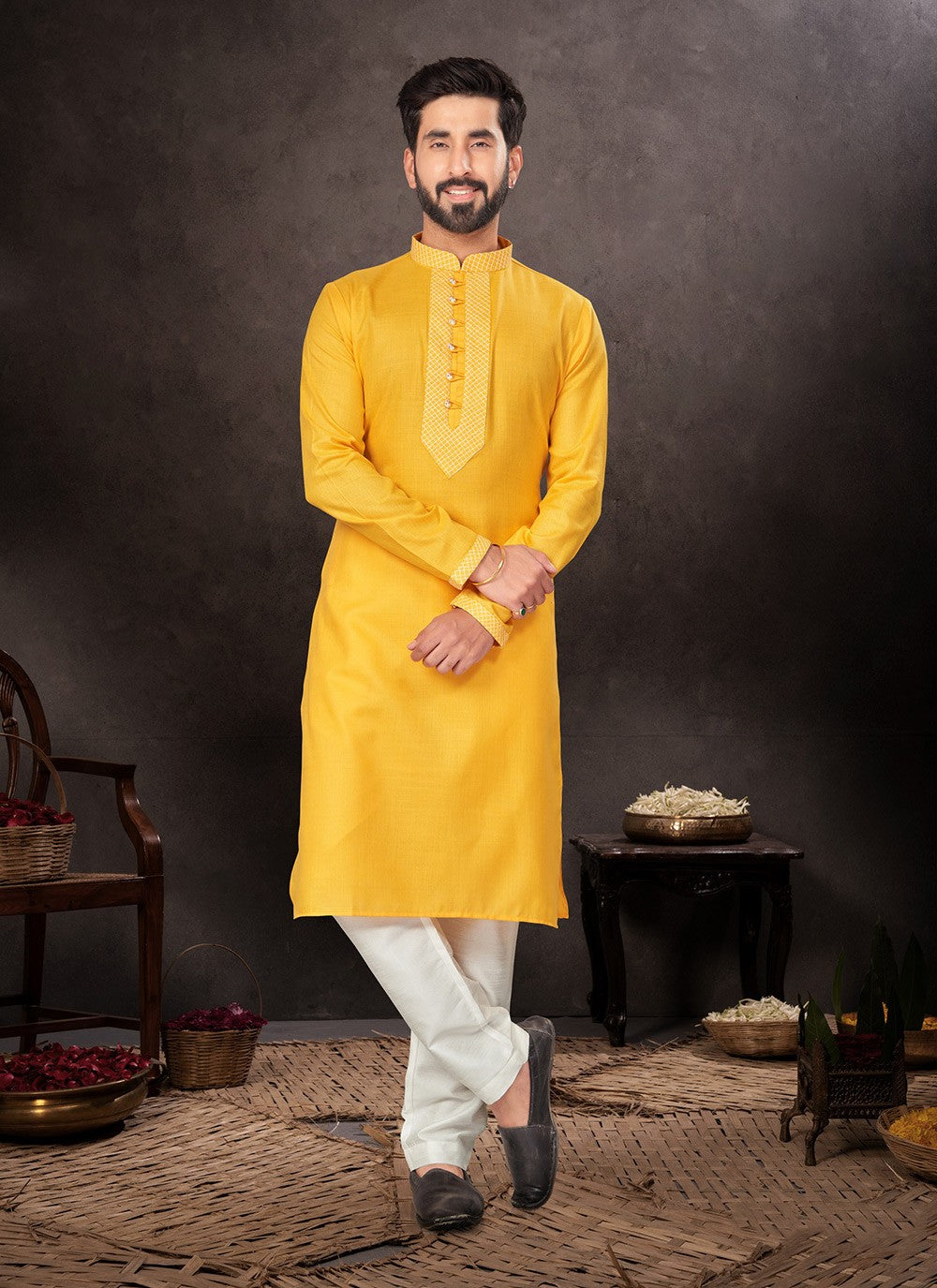 Fancy Work Cotton Yellow Kurta Pyjama - M7217