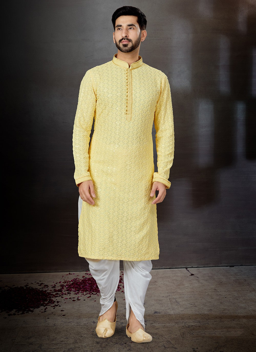 Lucknowi Work Rayon Yellow Dhoti Kurta - M4787