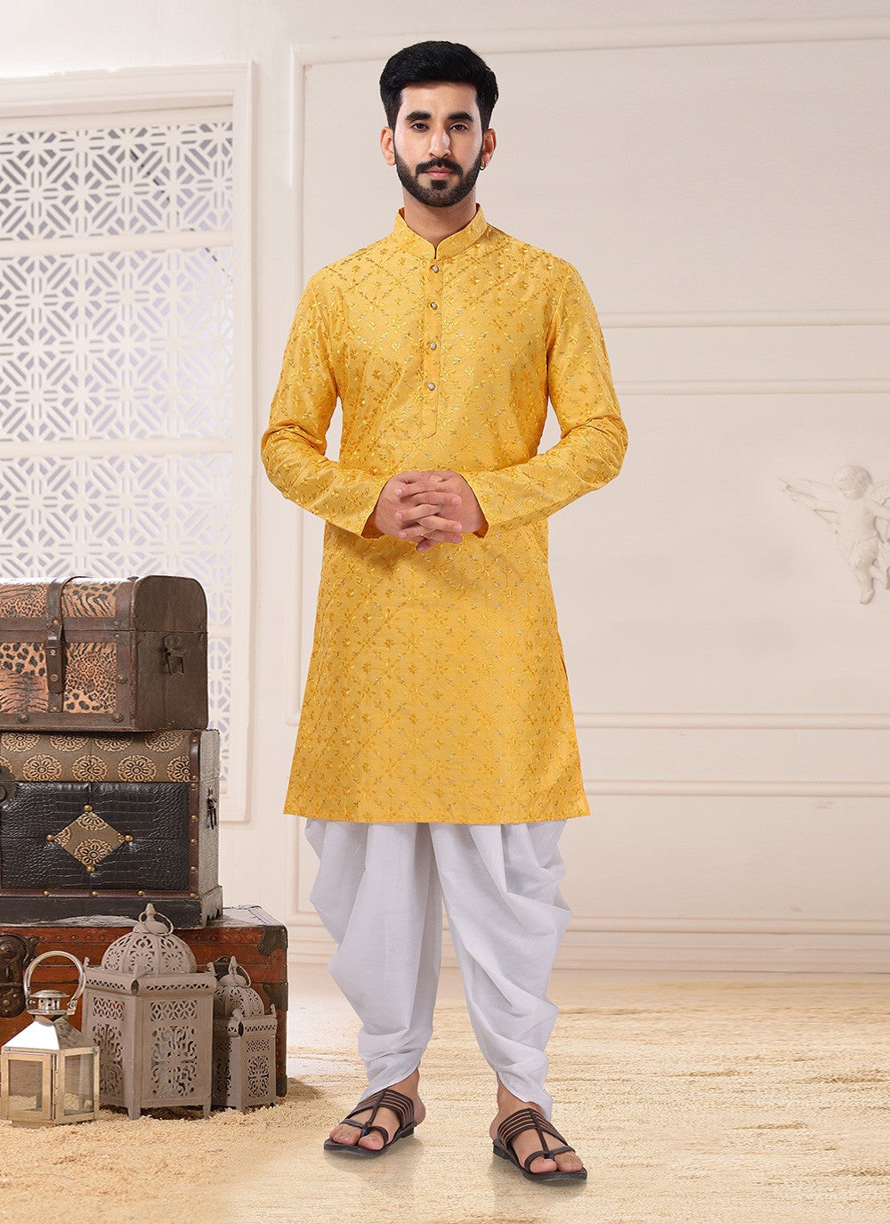 Embroidered Silk Yellow Dhoti Kurta - M4685