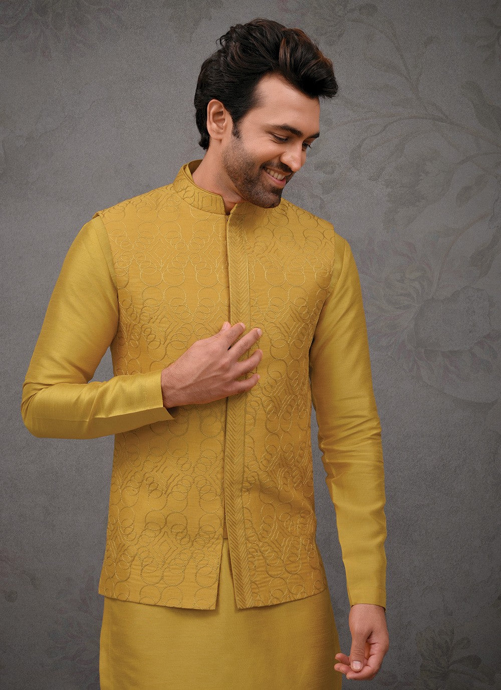 Embroidered Silk Yellow Kurta Payjama With Jacket - M8458