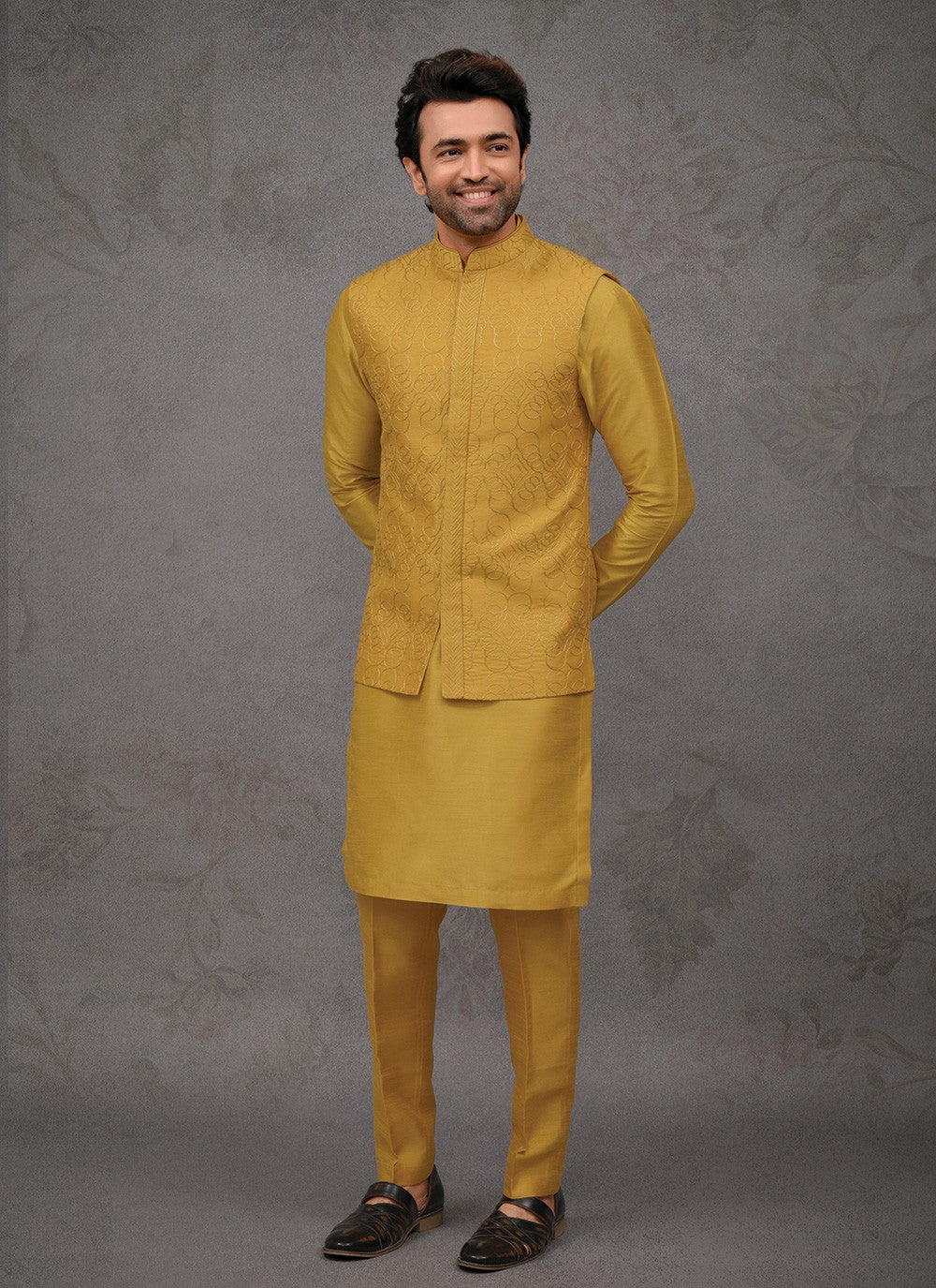 Embroidered Silk Yellow Kurta Payjama With Jacket - M8458