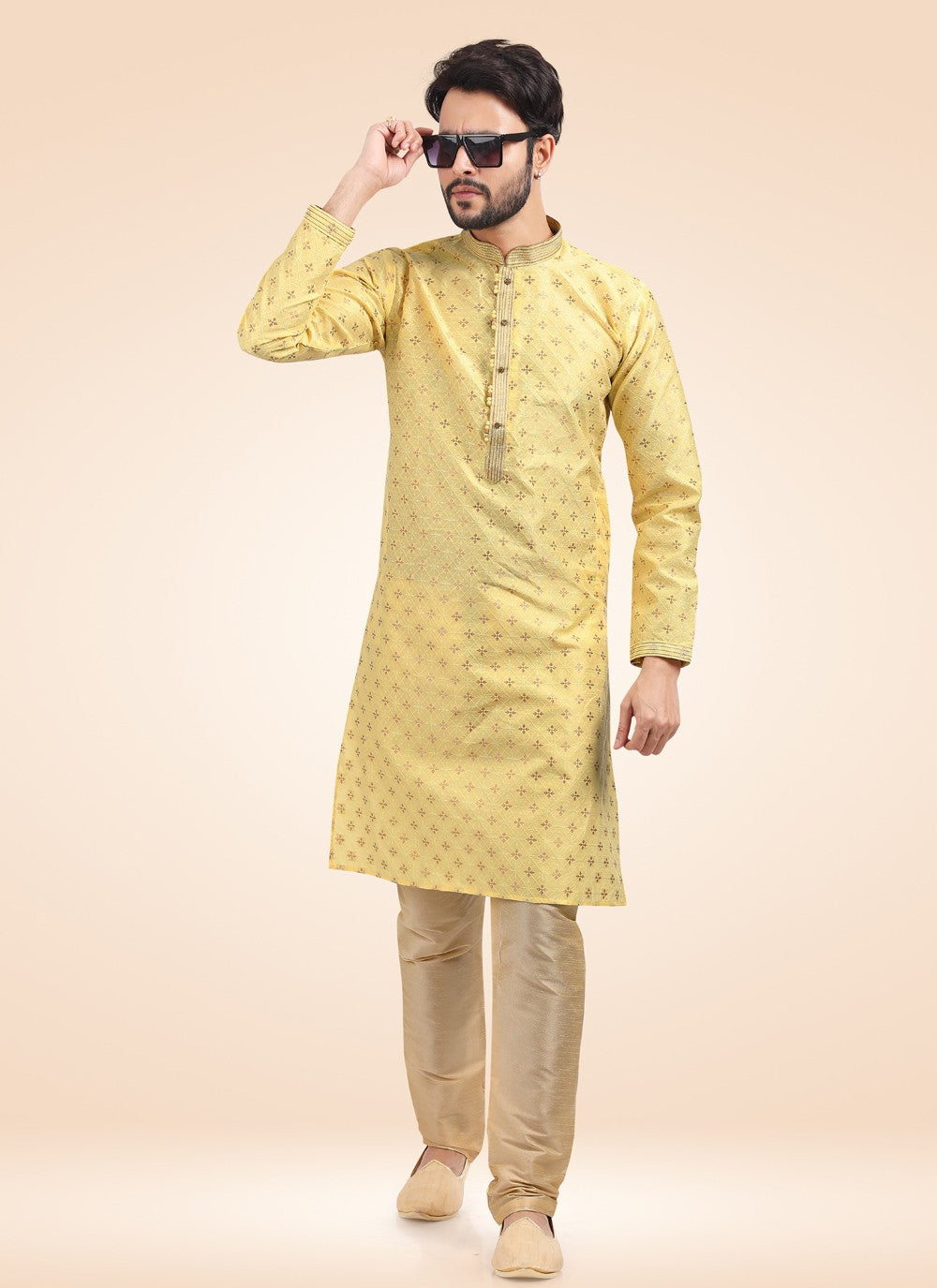 Fancy Work Banarasi Jacquard Yellow Kurta Pyjama - M4574