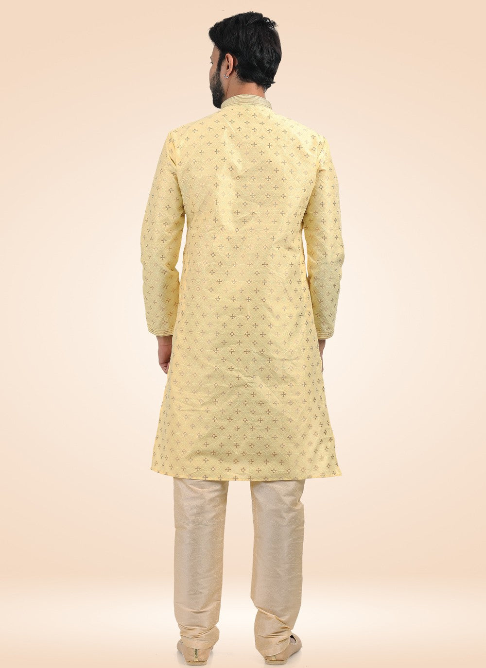 Fancy Work Banarasi Jacquard Yellow Kurta Pyjama - M4574