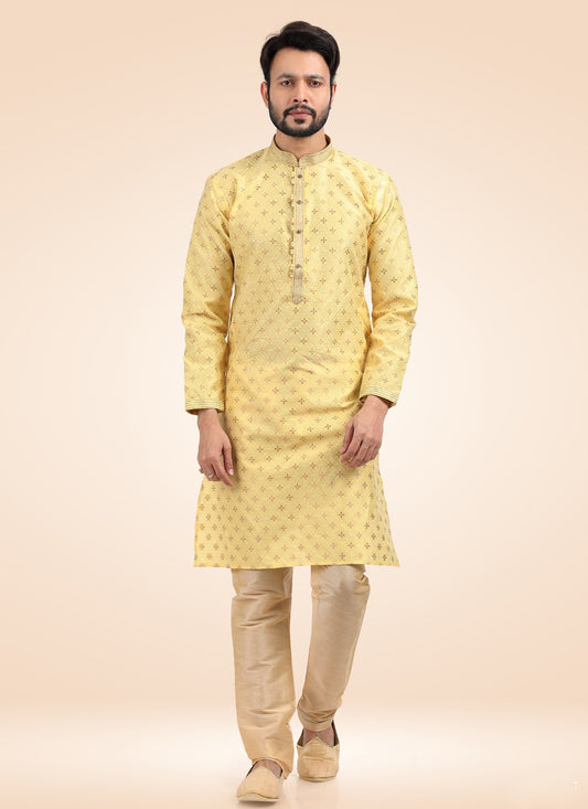 Fancy Work Banarasi Jacquard Yellow Kurta Pyjama - M4574