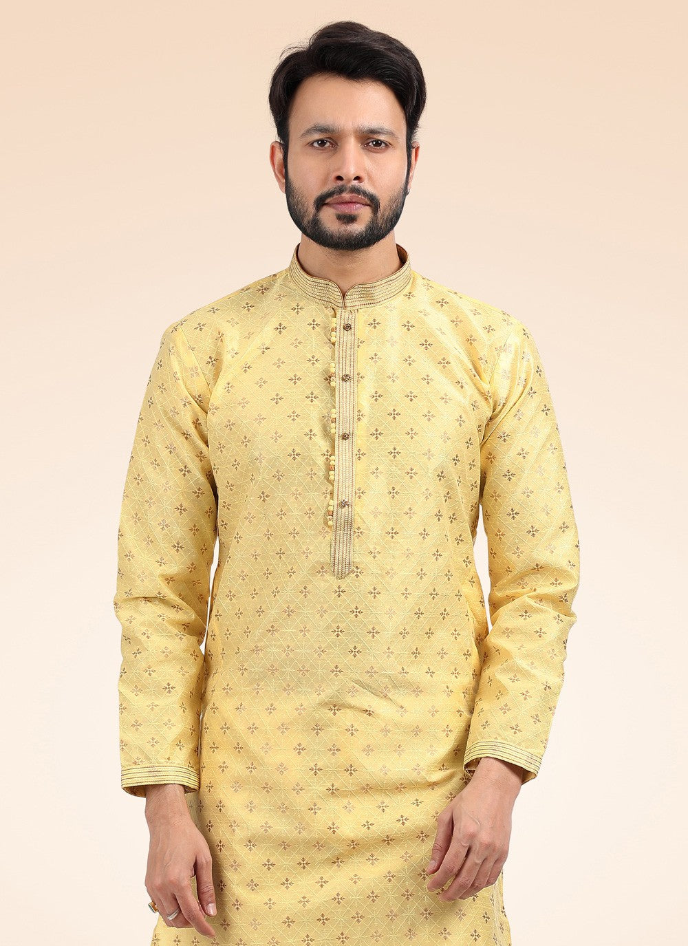 Fancy Work Banarasi Jacquard Yellow Kurta Pyjama - M4574