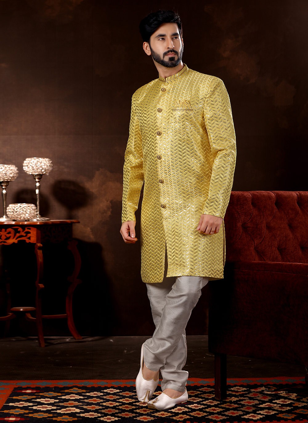 Embroidered Fancy Fabric Yellow Sherwani - M3065