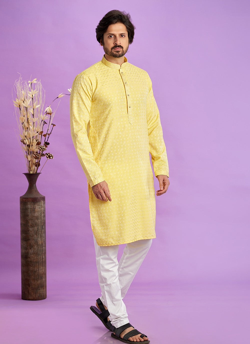 Fancy Work Jacquard Silk Yellow Kurta Pyjama - M6918