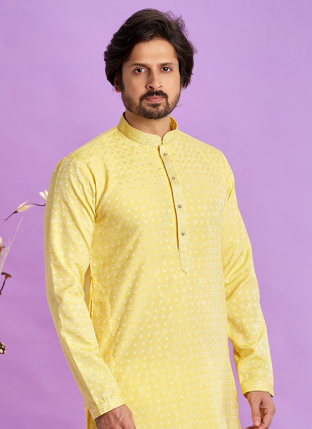 Fancy Work Jacquard Silk Yellow Kurta Pyjama - M6918