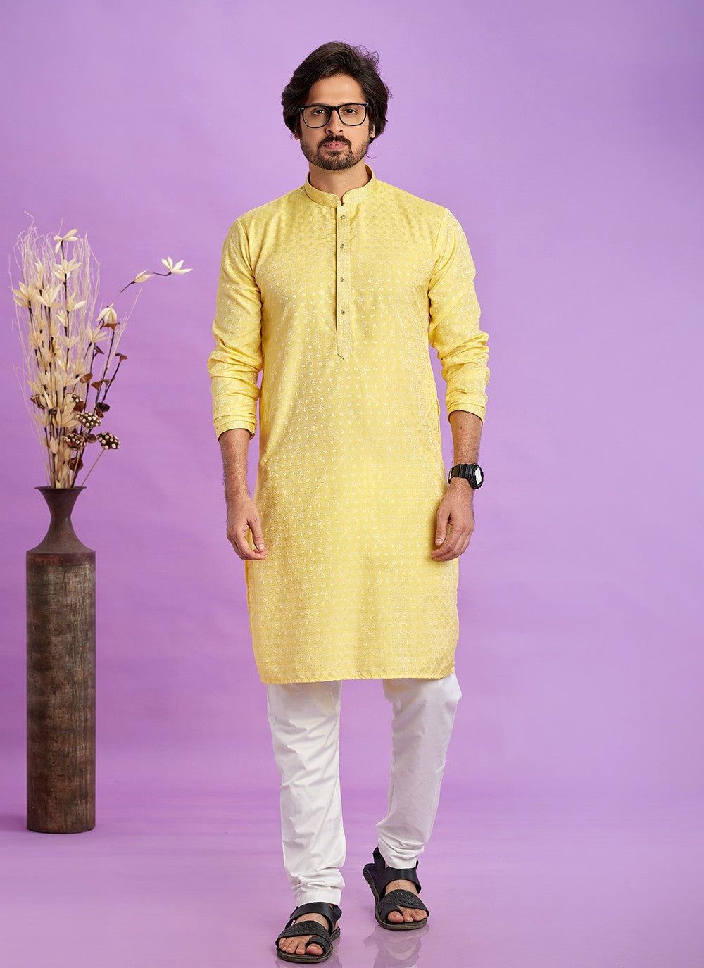 Fancy Work Jacquard Silk Yellow Kurta Pyjama - M6918