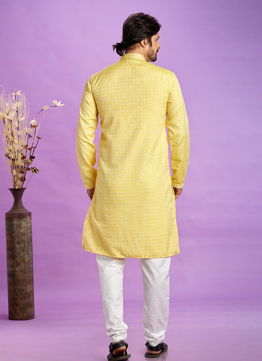 Fancy Work Jacquard Silk Yellow Kurta Pyjama - M6918