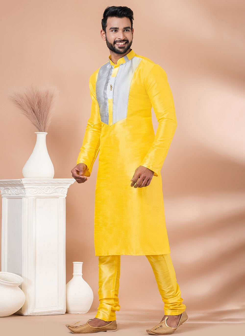 Fancy Work Banarasi Silk Yellow Kurta Pyjama - M6983