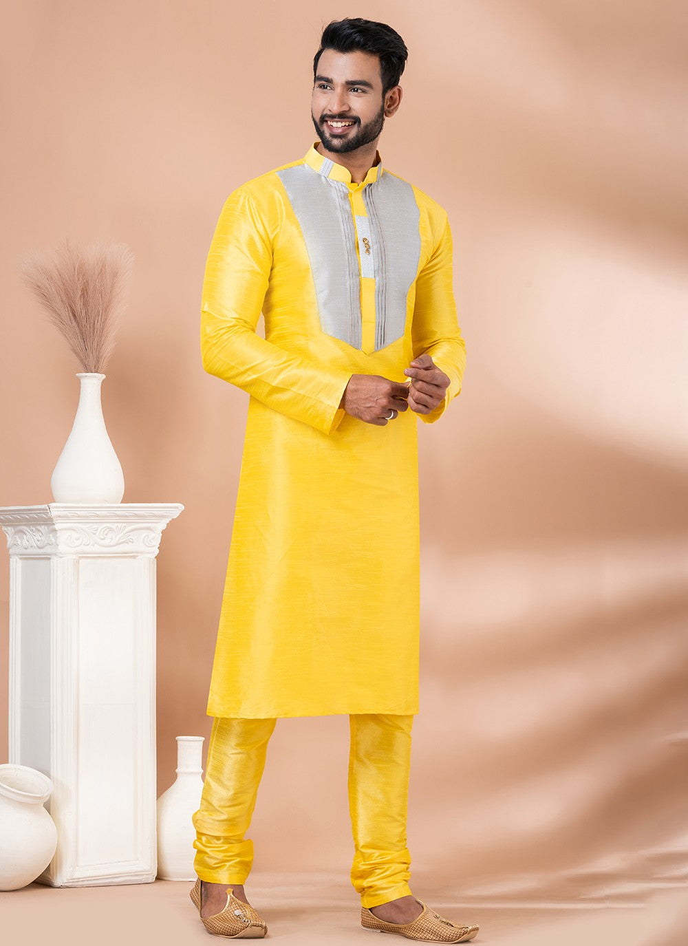 Fancy Work Banarasi Silk Yellow Kurta Pyjama - M6983