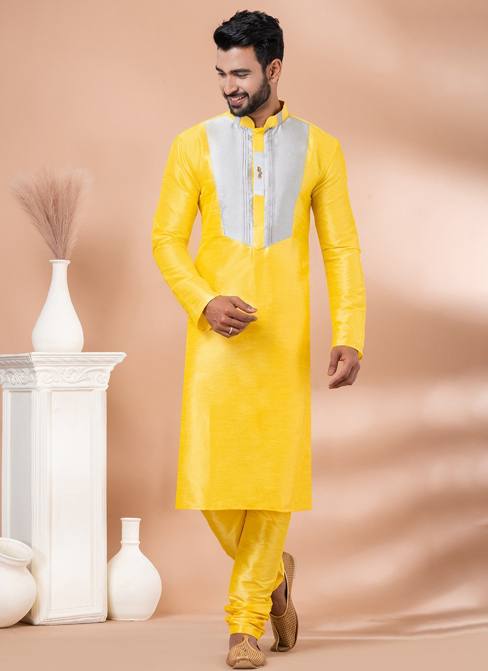 Fancy Work Banarasi Silk Yellow Kurta Pyjama - M6983