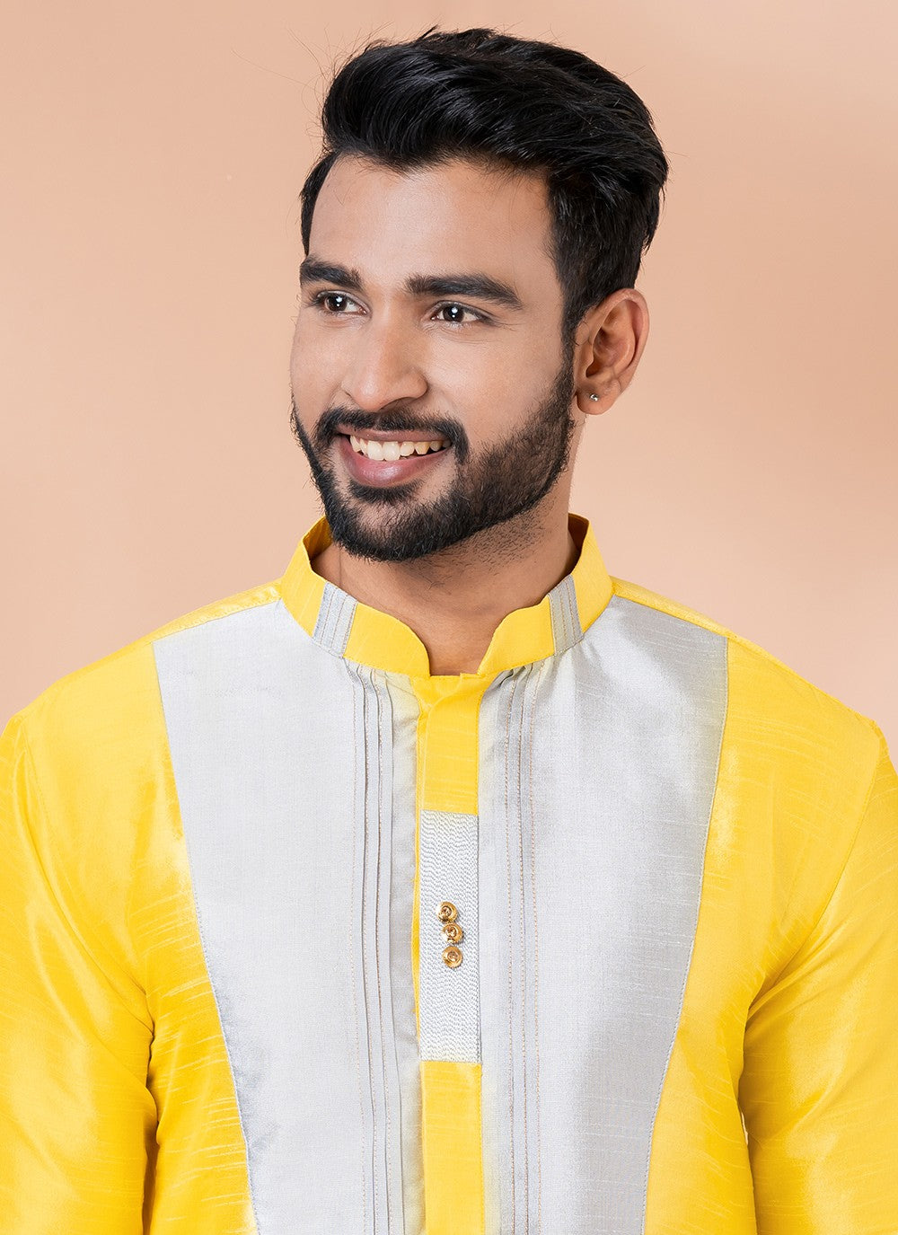 Fancy Work Banarasi Silk Yellow Kurta Pyjama - M6983