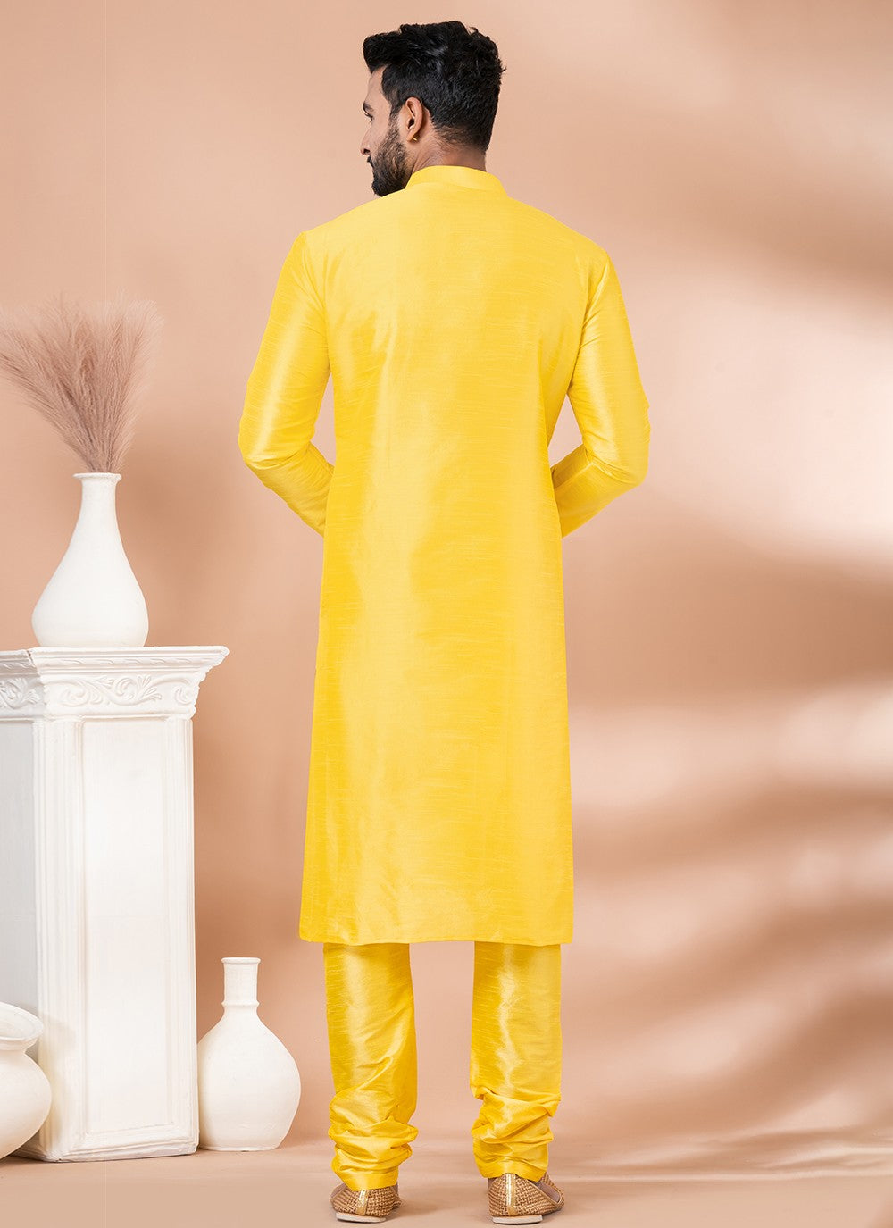 Fancy Work Banarasi Silk Yellow Kurta Pyjama - M6983