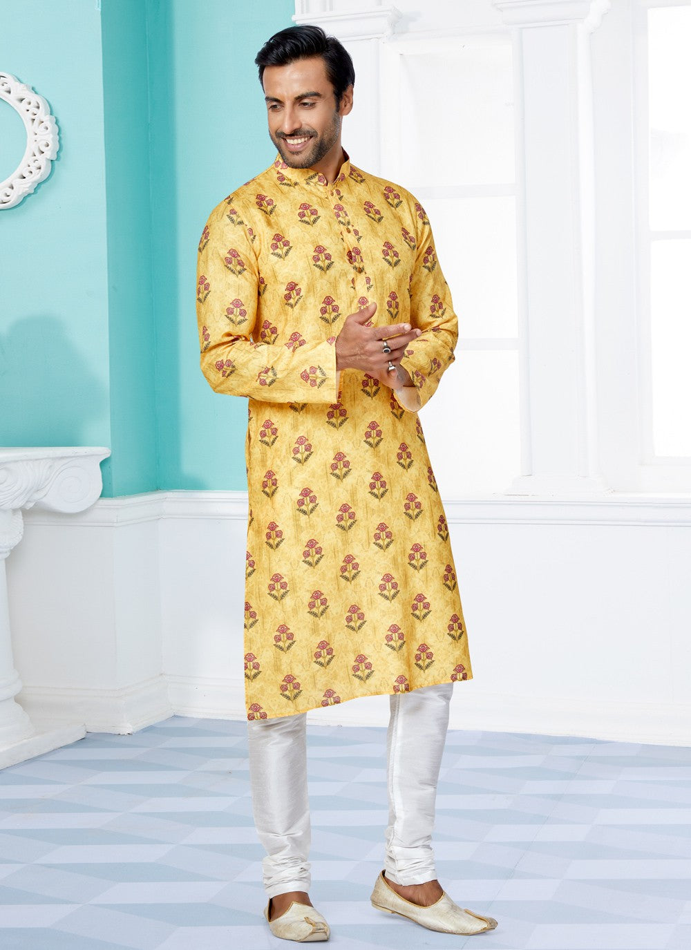 Digital Print Cotton Yellow Kurta Pyjama - M5068