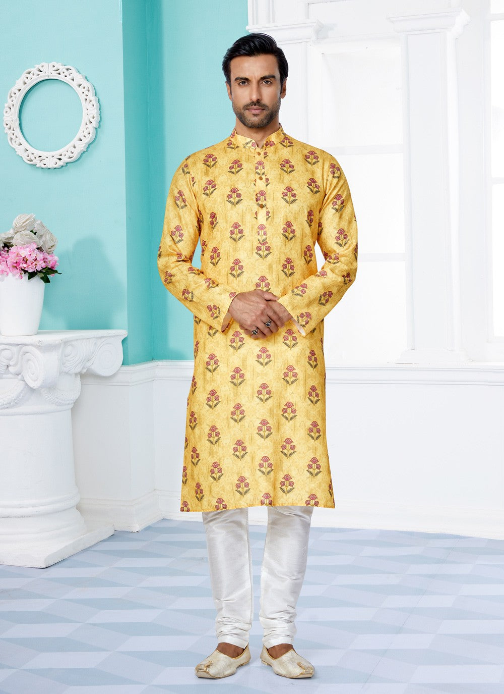 Digital Print Cotton Yellow Kurta Pyjama - M5068