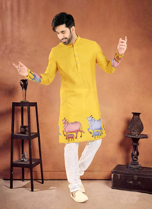 Printed Cotton Yellow Kurta Pyjama - M8103