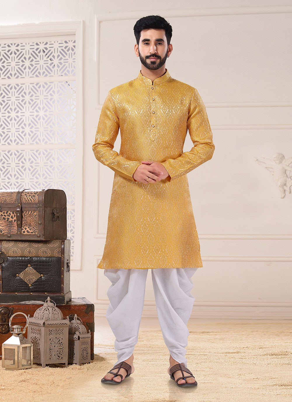 Embroidered Jacquard Yellow Dhoti Kurta - M4691