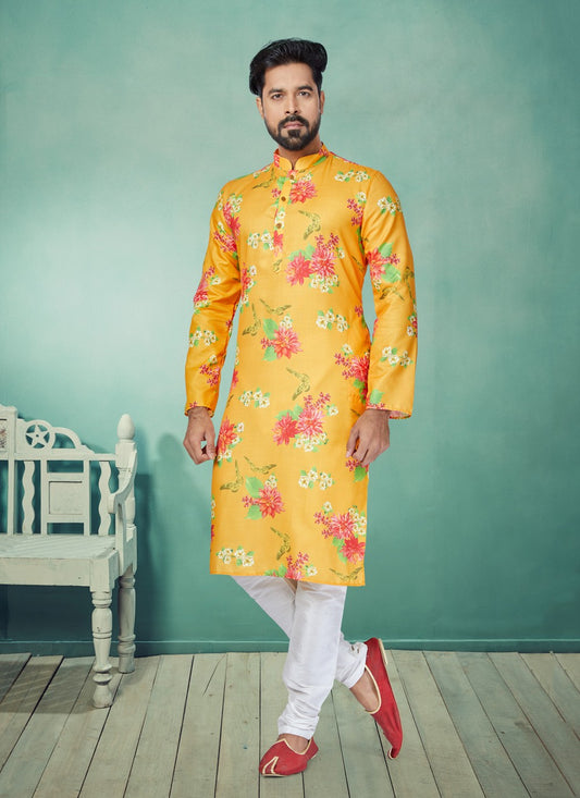 Digital Print Cotton Yellow Kurta Pyjama - M5058