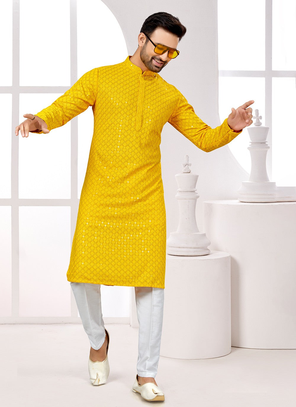 Fancy Work Rayon Yellow Kurta Pyjama - M6681