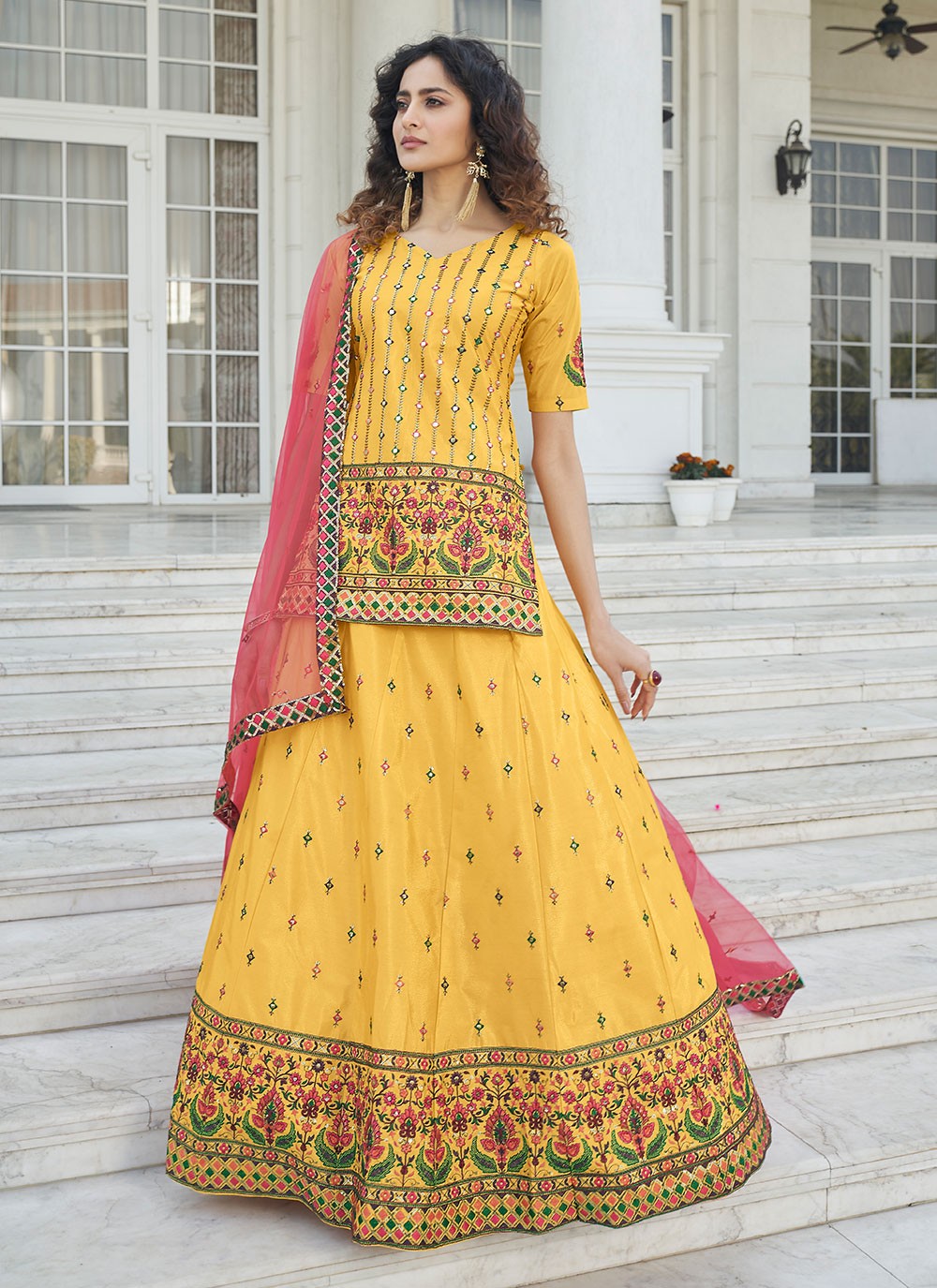 Embroidered Chinon, Faux Chiffon A - Line Lehenga - L0515