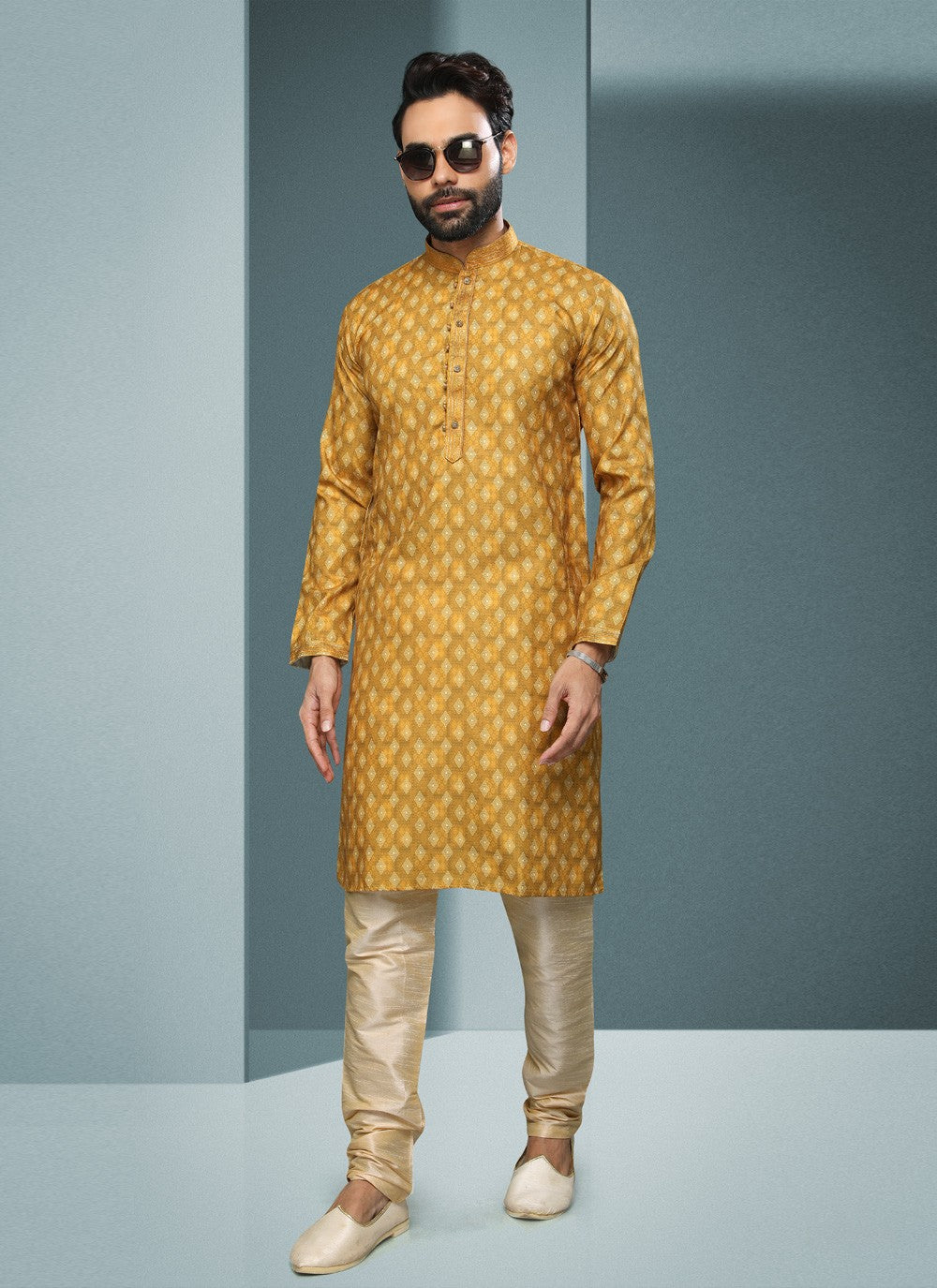 Digital Print Handloom Cotton Yellow Kurta Pyjama - M4064