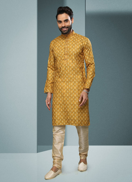 Digital Print Handloom Cotton Yellow Kurta Pyjama - M4064