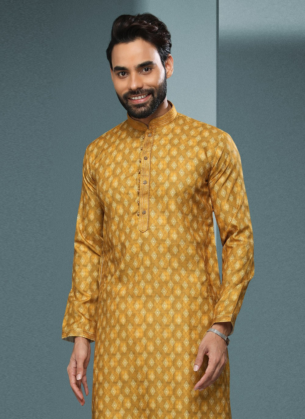 Digital Print Handloom Cotton Yellow Kurta Pyjama - M4064