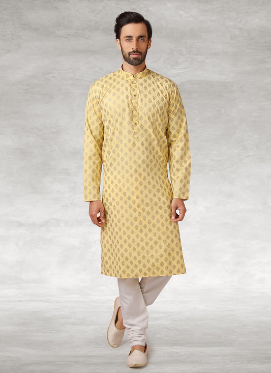 Printed Handloom Cotton Yellow Kurta Pyjama - M2683