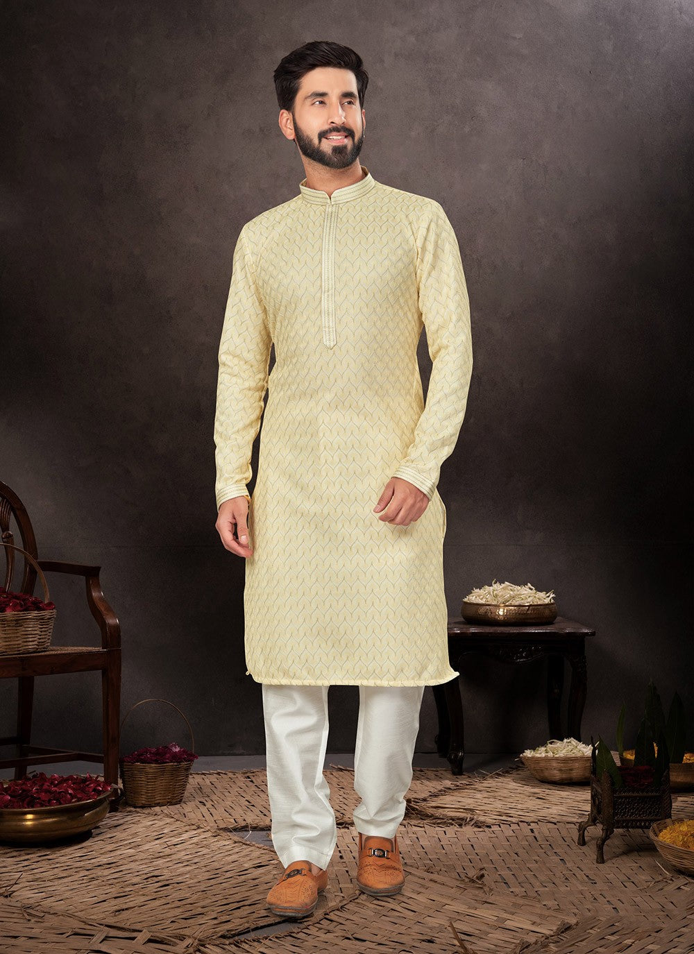 Embroidered Jacquard Yellow Kurta Pyjama - M7220