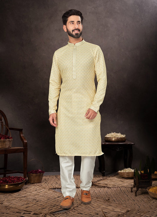 Embroidered Jacquard Yellow Kurta Pyjama - M7220