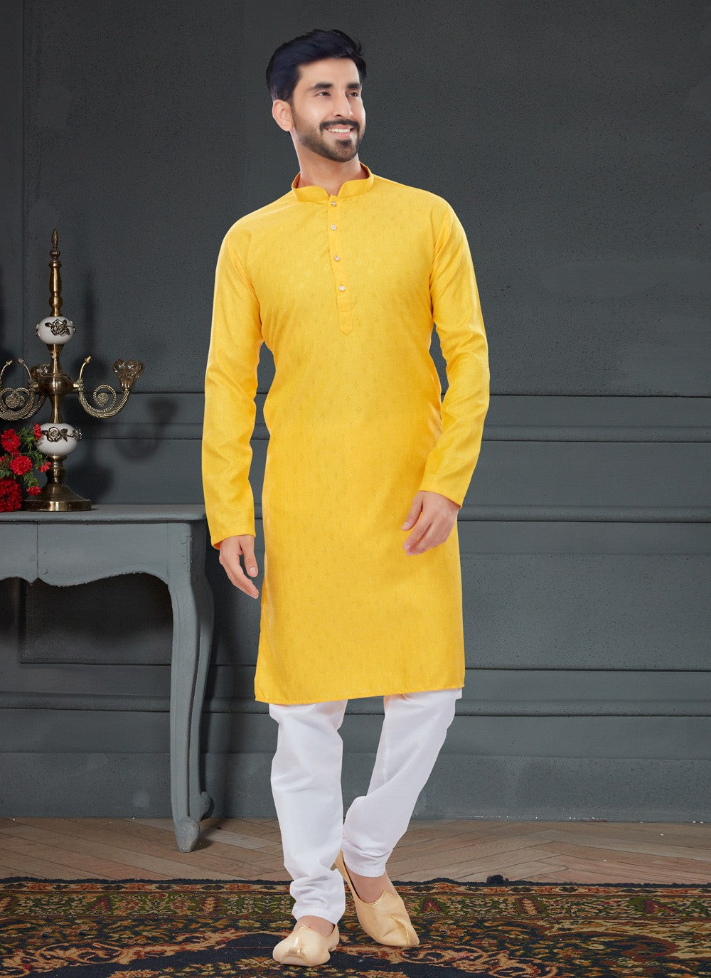 Fancy Work Cotton , Jacquard Yellow Kurta Pyjama - M4749