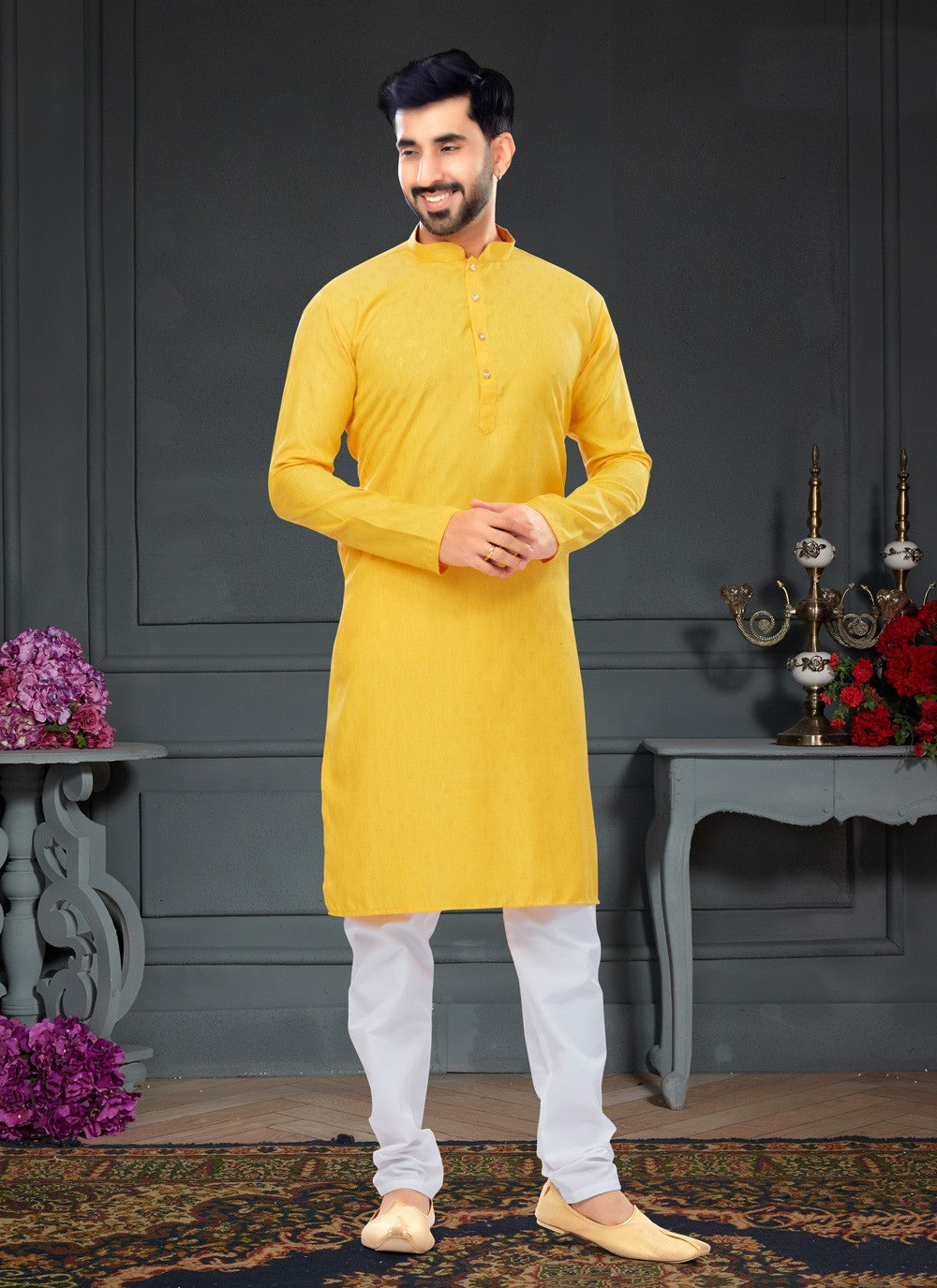 Fancy Work Cotton , Jacquard Yellow Kurta Pyjama - M4749