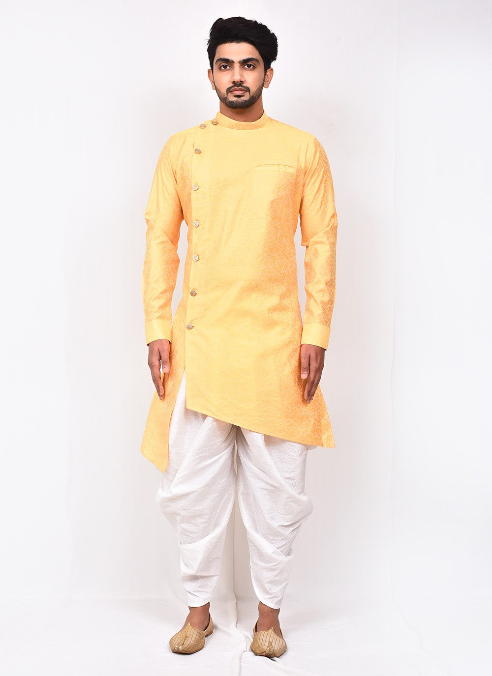 Fancy Work Jacquard Silk Yellow Indo Western - M3256