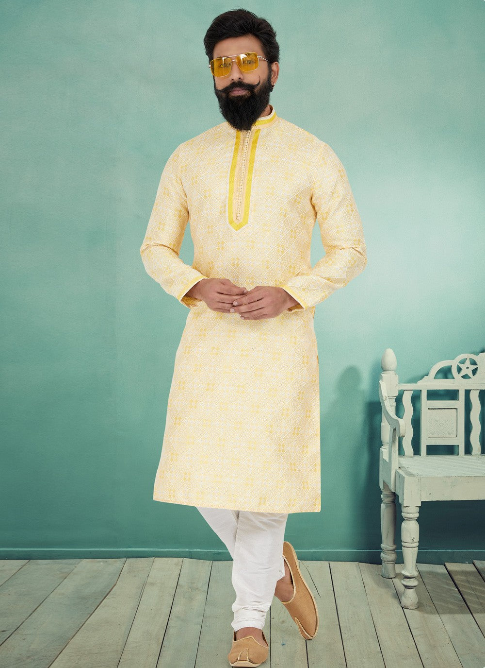 Jacquard Work Jacquard Silk Yellow Kurta Pyjama - M4935