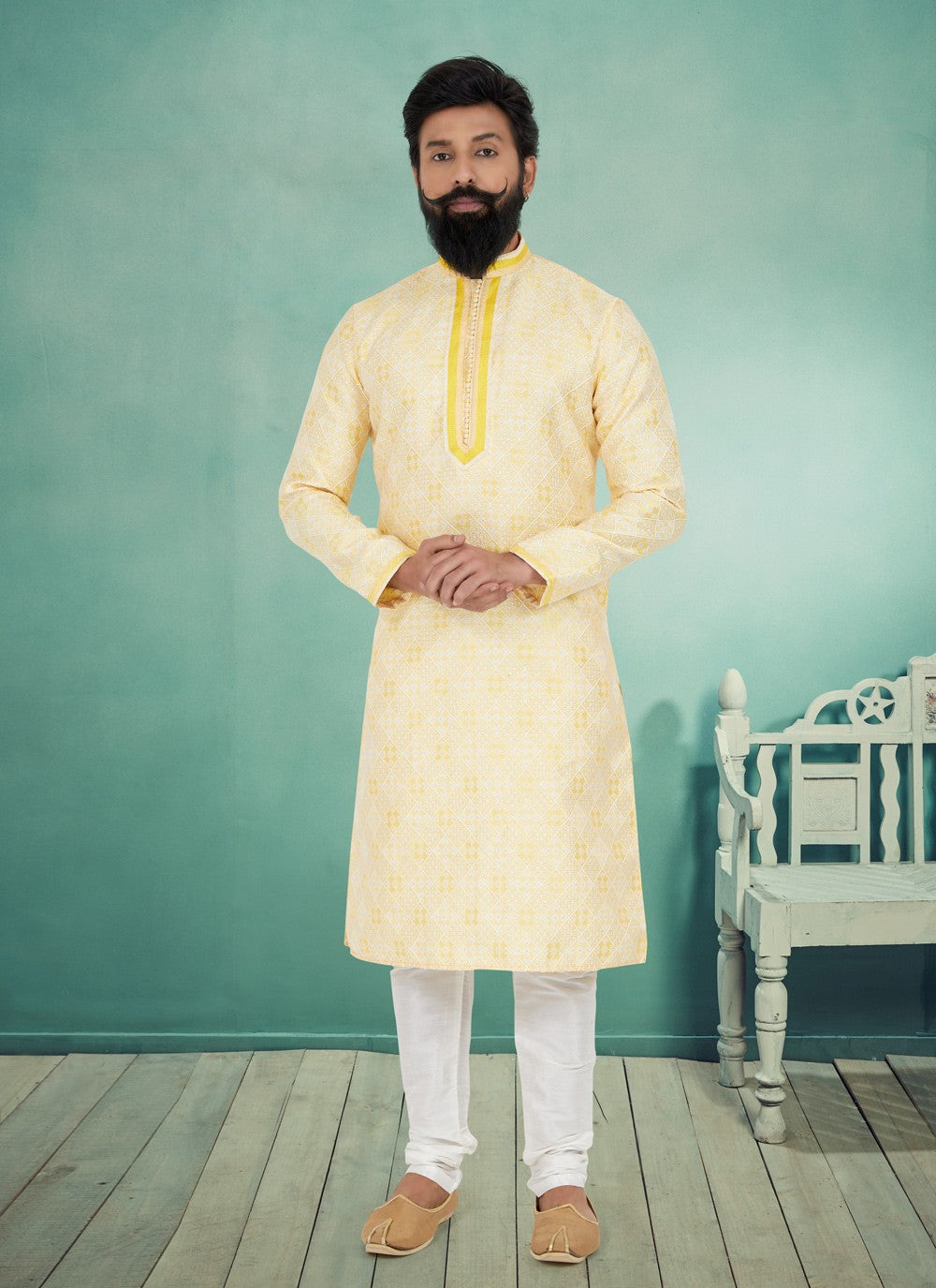 Jacquard Work Jacquard Silk Yellow Kurta Pyjama - M4935